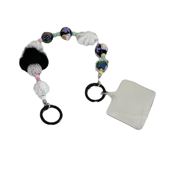 Black & Purple Pom Pom Kitty Beaded Charm Phone Accessory Wristlet with tab - Picture 7 of 17